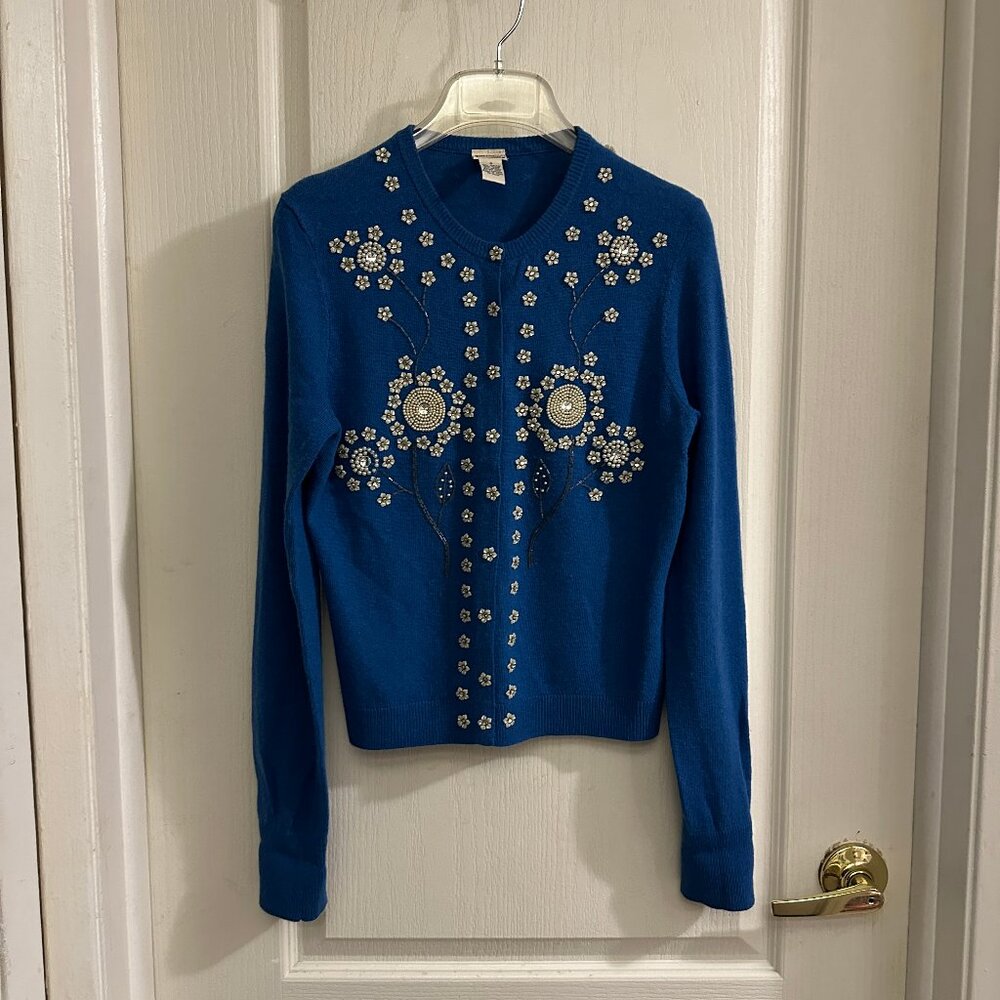 NWOT Lucky Brand Women Blue Floral Crystal Pear Embellished Wool Size Small